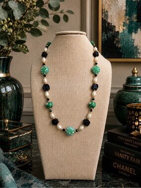 ARTISAN Lampwork, Carved Rose Czech Glass, Freshwater Pearl & Crystal Necklace